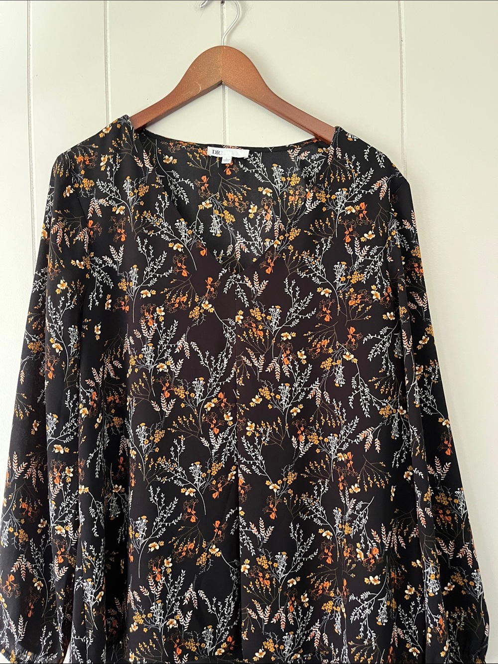 DR2 Black Floral V-Neck Blouse with Mustard & Cream Accents